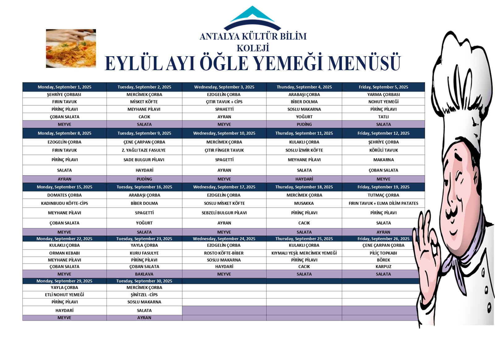 Eylül Ayı Öğle Yemeği Menüsü